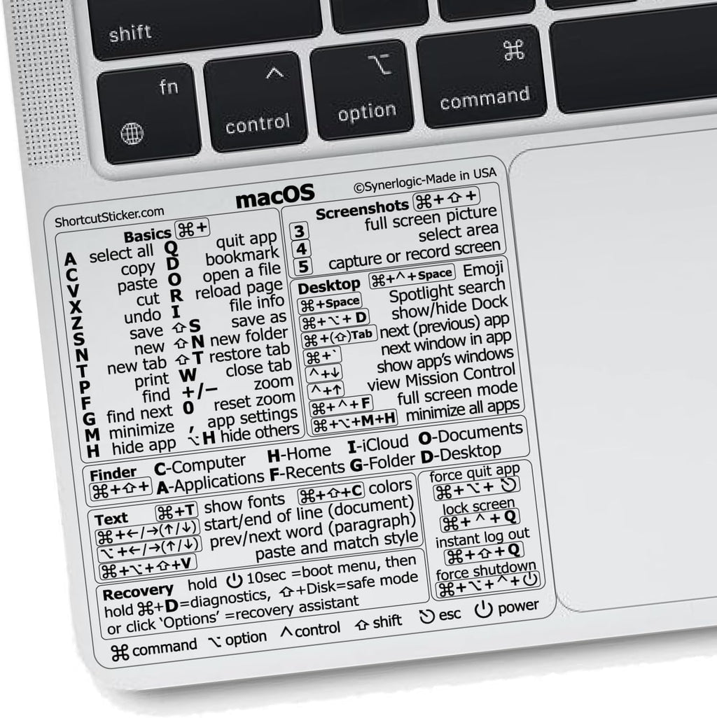 Mac OS (Monterey/Big Sur/Catalina/Mojave) Keyboard Shortcuts, M1+Intel, Clear Vinyl Sticker, Compatible with 13-16-Inch Macbook Air/Pro