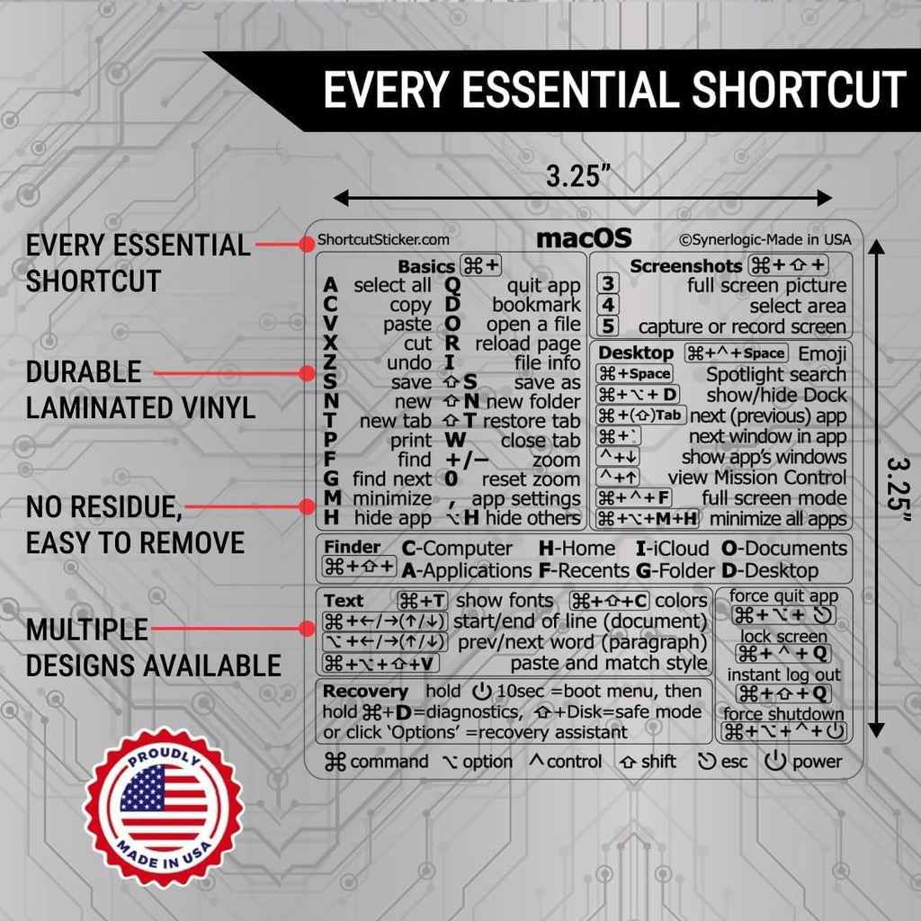 Mac OS (Monterey/Big Sur/Catalina/Mojave) Keyboard Shortcuts, M1+Intel, Clear Vinyl Sticker, Compatible with 13-16-Inch Macbook Air/Pro