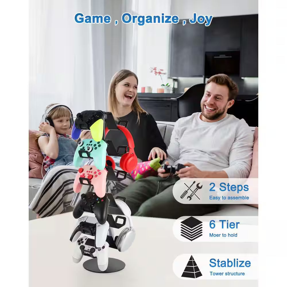 6-Tier Controller Headphone Stand Desktop Organizer for Gaming Controllers and Headsets Universal Compatibility
