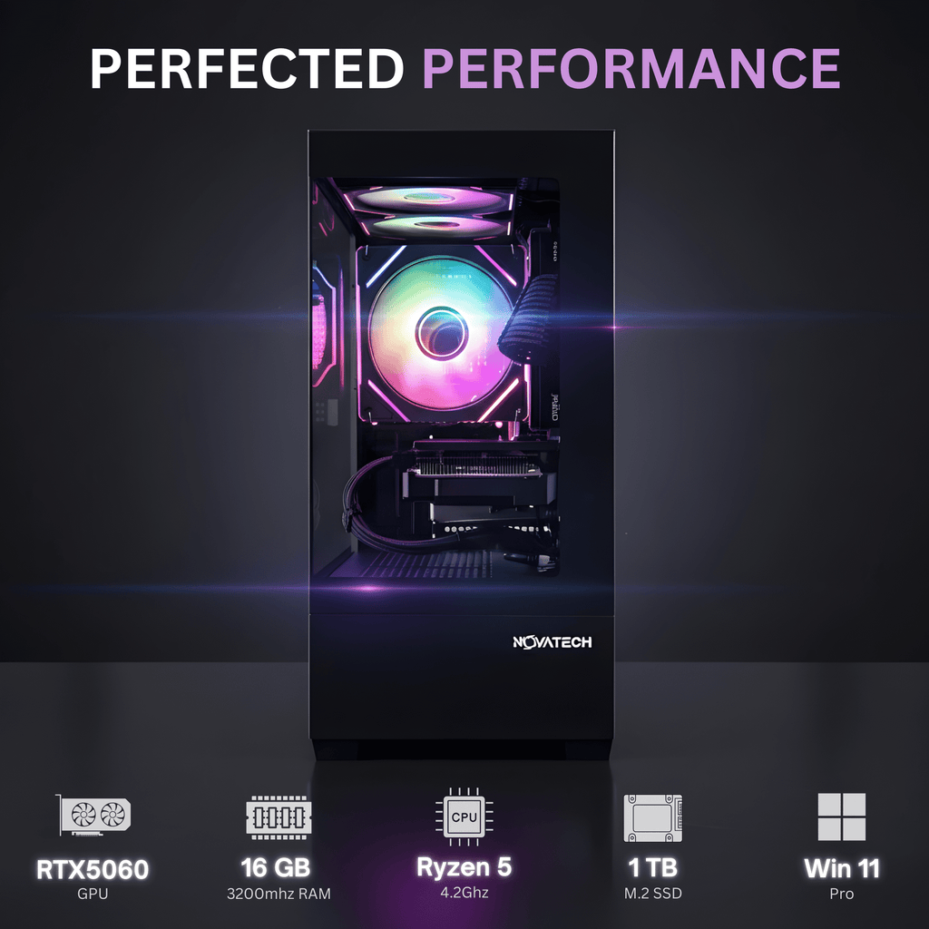 Titan Pro - Prebuilt Gaming PC Desktop Computer - RTX 5060 - Ryzen 5 - 4.2Ghz - 16GB RAM - 1TB M.2 SSD Wifi/Bt, Win 11 - Gaming Computer Tower - Pre Built PC Gaming - 1 Year Warranty