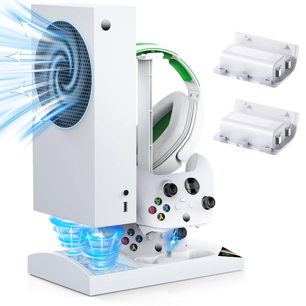 Vertical Cooling Stand Charging Station for Xbox Series S Console and Controller, Dual Fan Cooling System for Xbox Series S Accessories with 2Pack 1400Mah Rechargeable Battery, Headset Holder