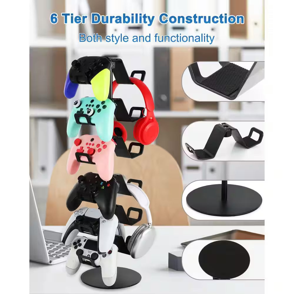 6-Tier Controller Headphone Stand Desktop Organizer for Gaming Controllers and Headsets Universal Compatibility