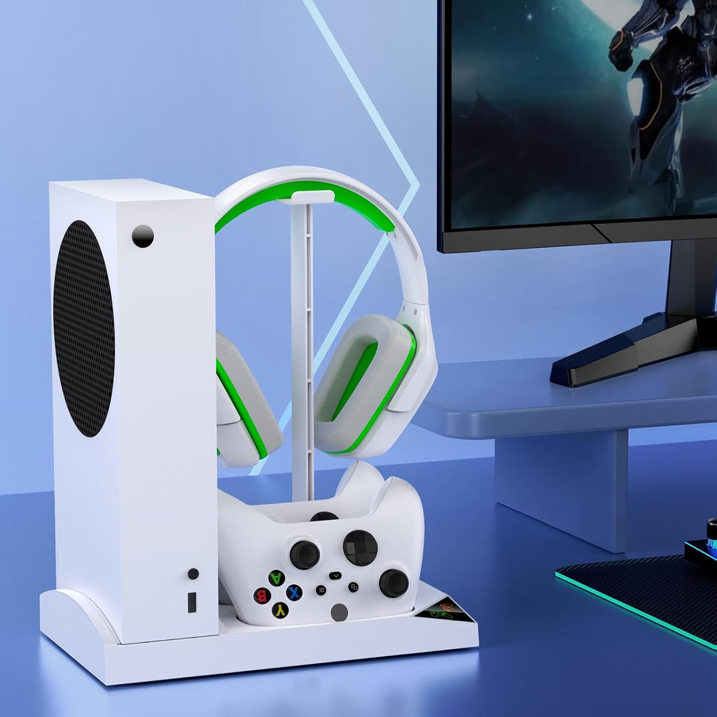 Vertical Cooling Stand Charging Station for Xbox Series S Console and Controller, Dual Fan Cooling System for Xbox Series S Accessories with 2Pack 1400Mah Rechargeable Battery, Headset Holder